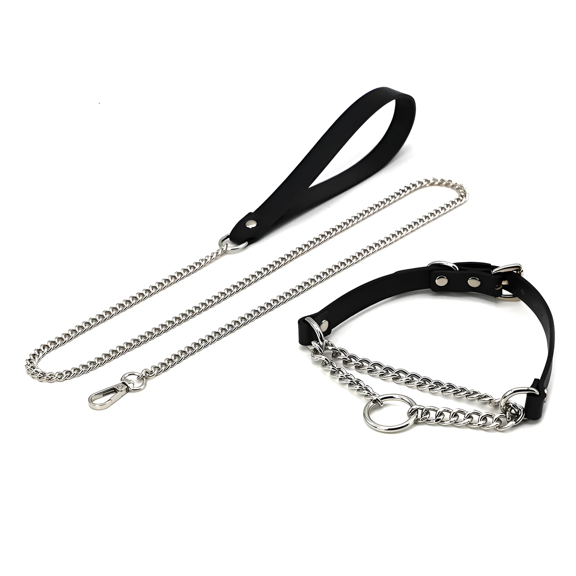 Black leather dog collar and matching hand grip lead set for punk style pet accessories