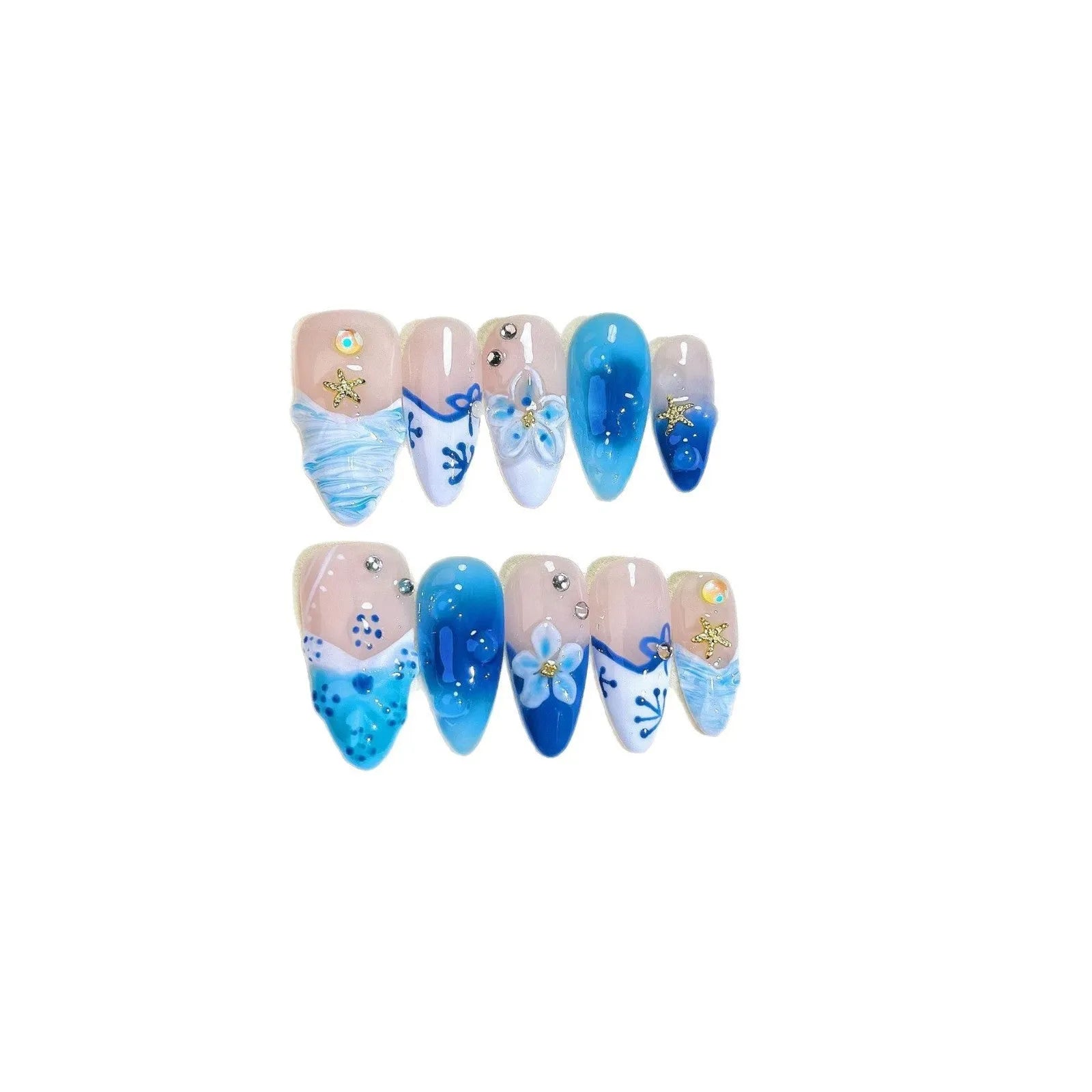 Blue hand-painted carved summer ice transparent wear fake nails in plastic material