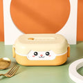 Square plastic divided lunch box in solid colour, shown open to display internal sections.