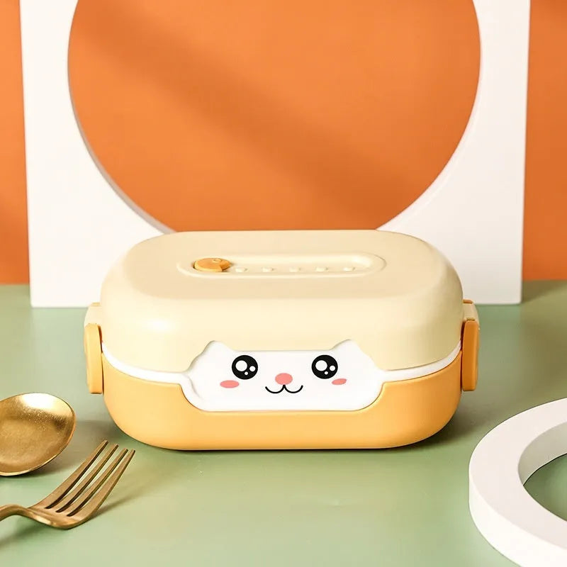 Square plastic divided lunch box in solid colour, shown open to display internal sections.