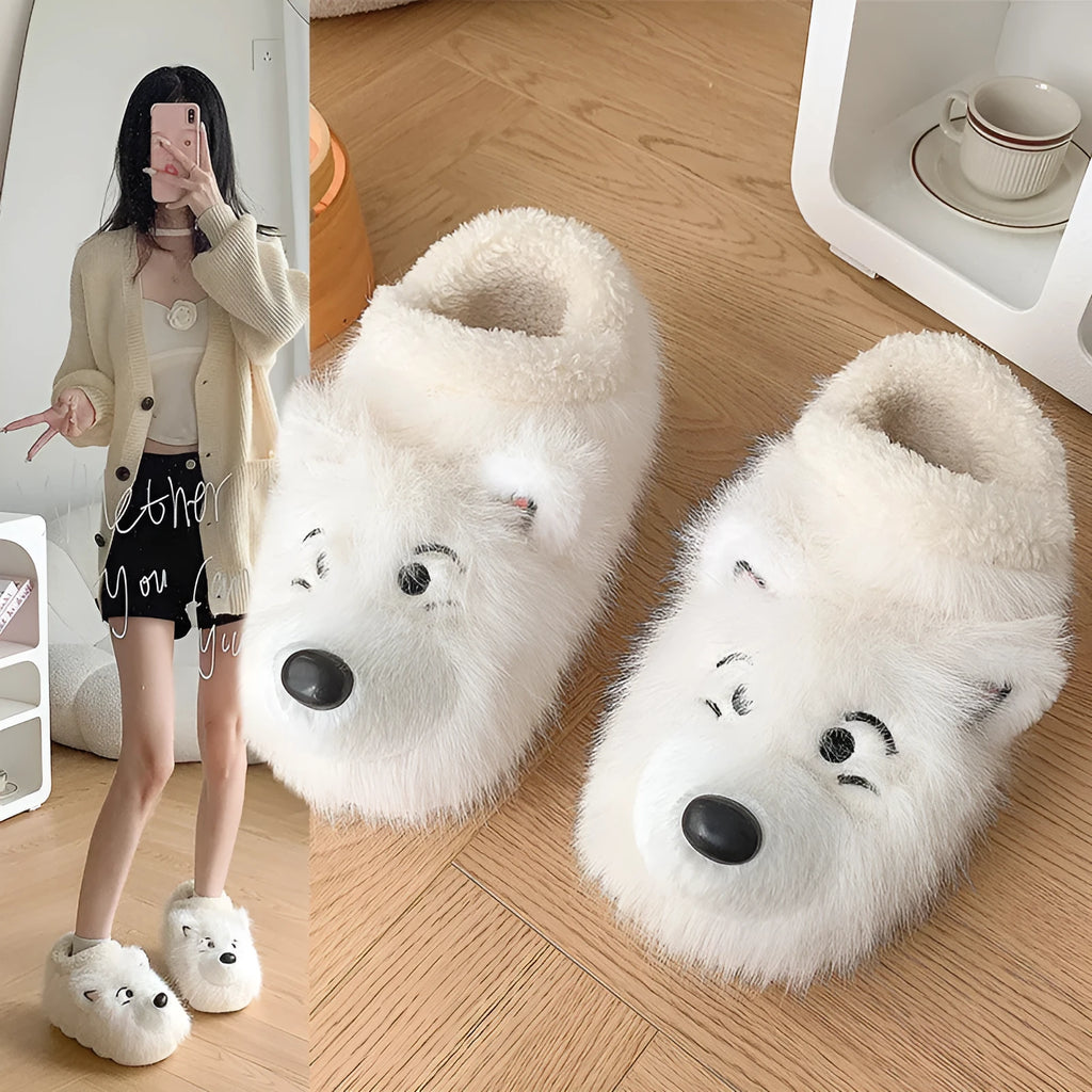 Women's ankle wrap cotton slippers with plush upper in grey and white colour options