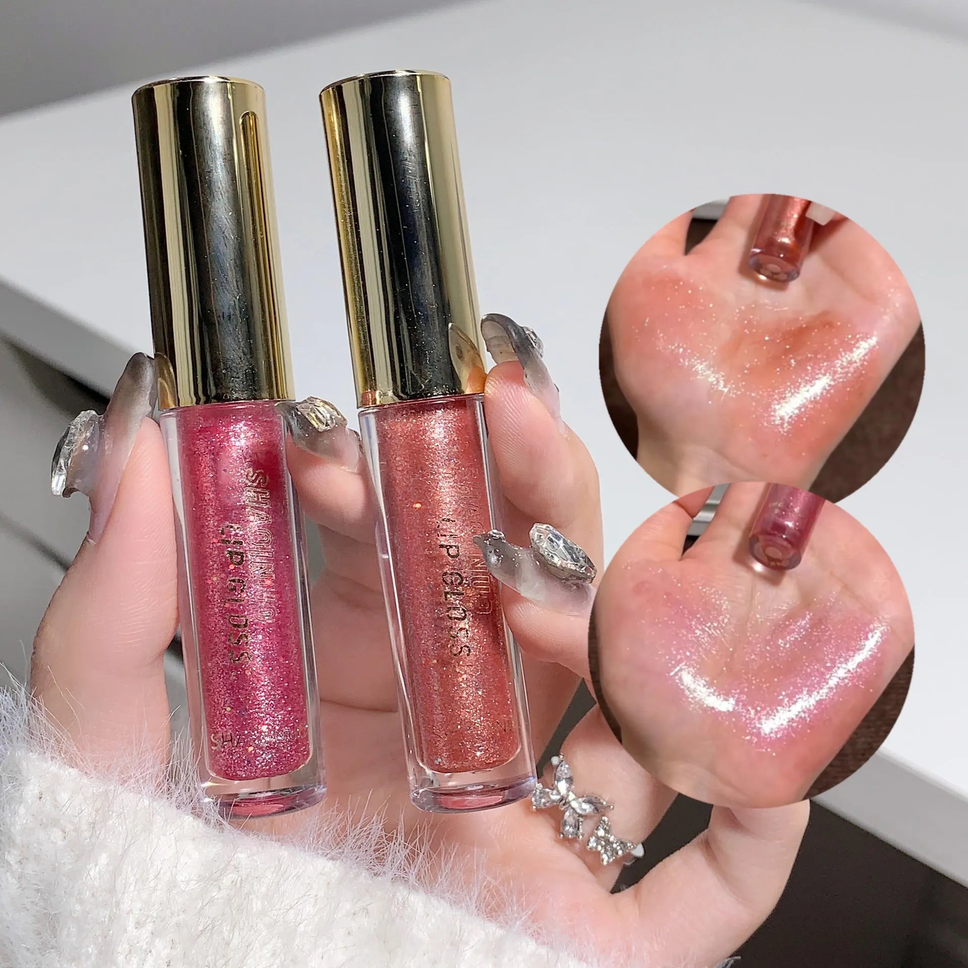 Shanuo Flash Lip Gloss tube showing water-light mirror lacquer in five colour options