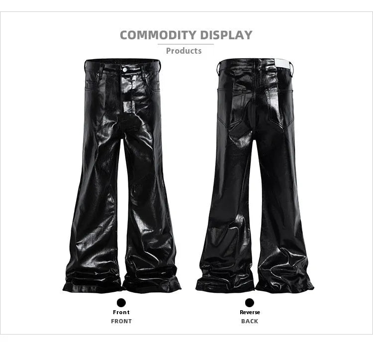 Black coated patent leather skinny jeans with a straight leg and mid-waist fit on a model.