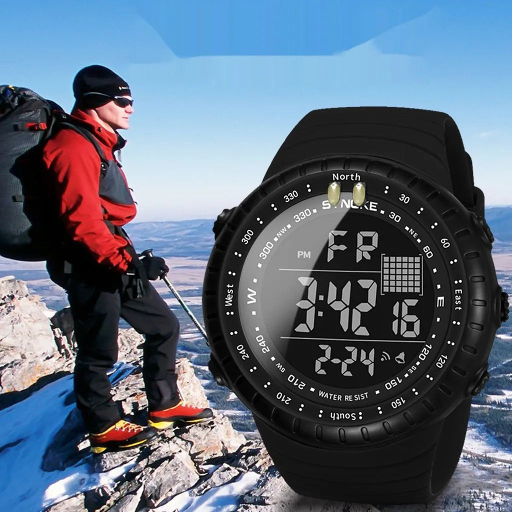 Black men's waterproof outdoor electronic watch with 54.74mm dial and PU strap