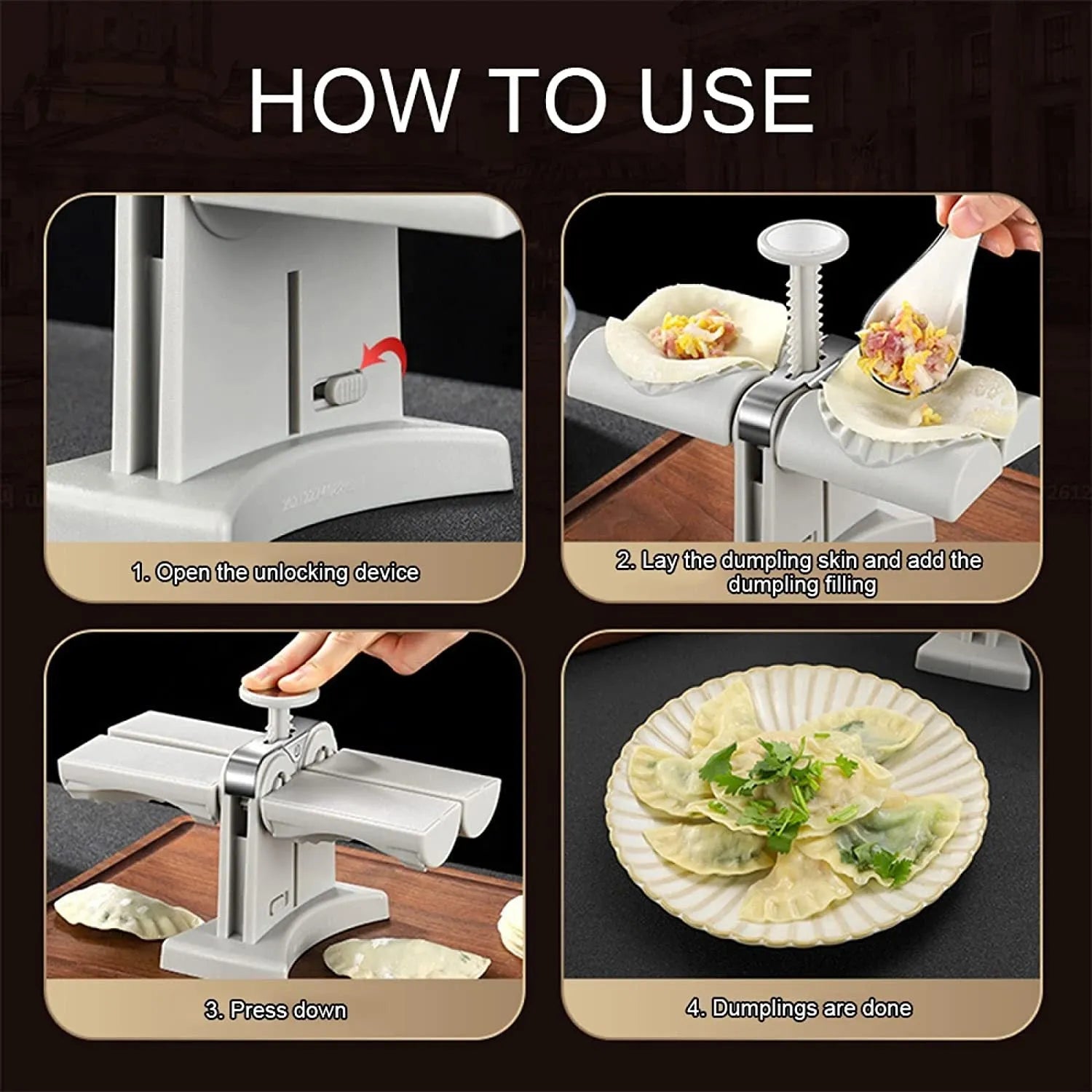 White double head manual dumpling maker with anti-slip rubber base mat