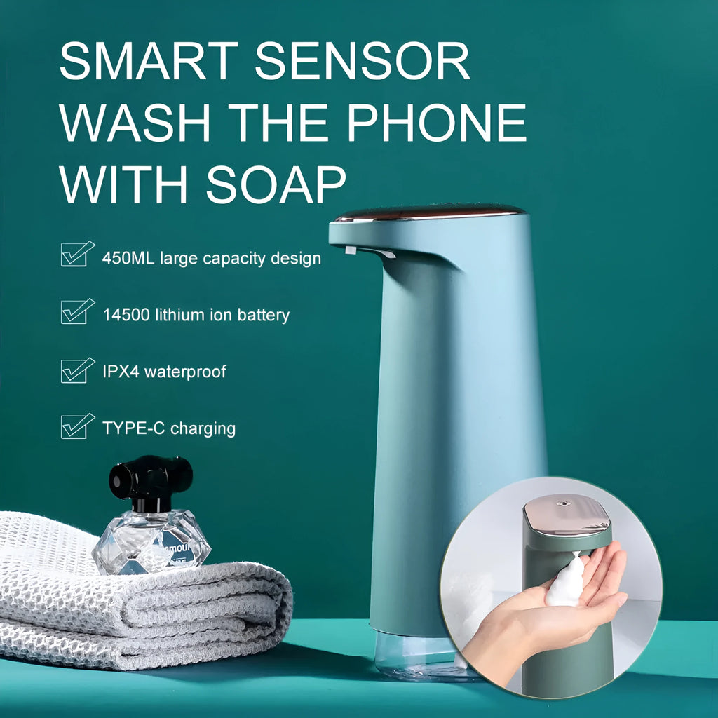 White automatic foam soap dispenser with infrared sensor and USB charging port