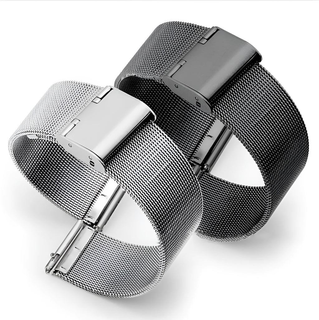 Milani silk woven stainless steel watch strap in silver, black, rose gold, and gold colours showing different width sizes.