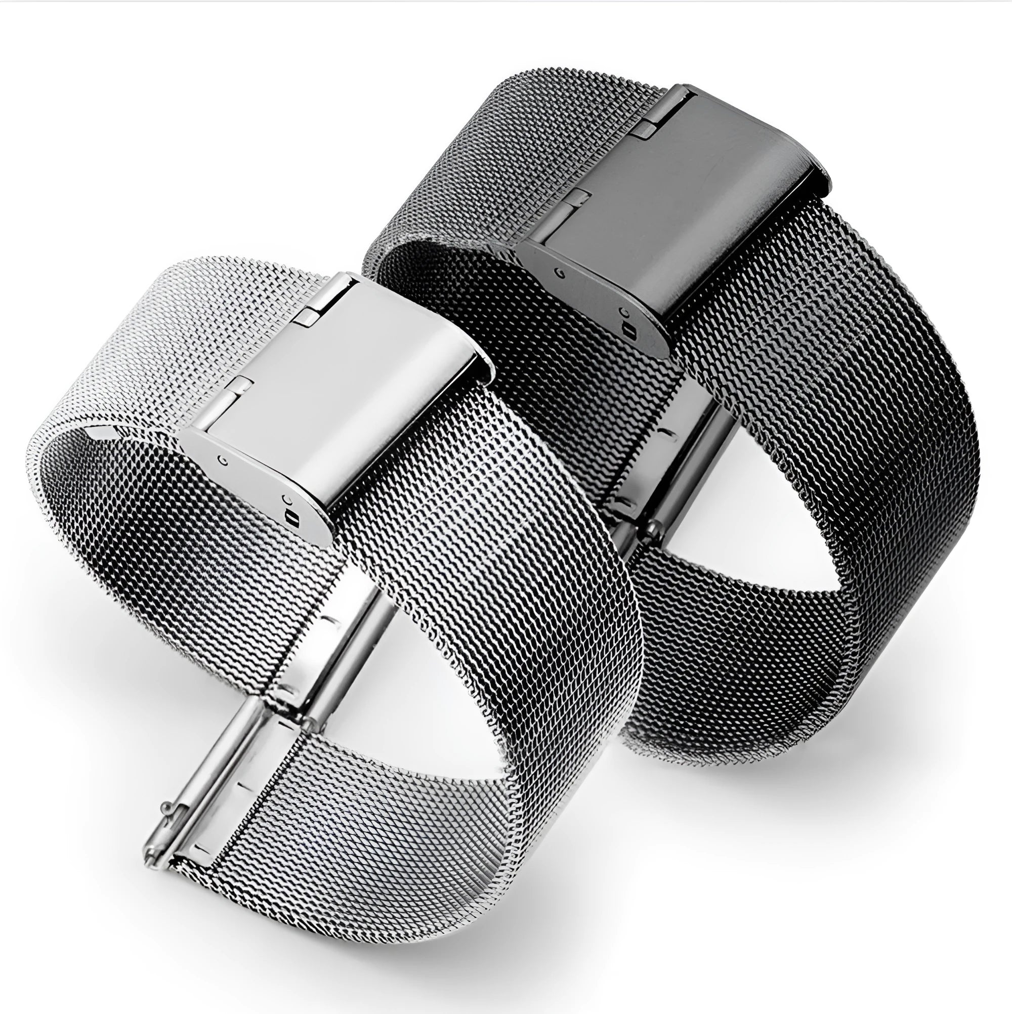 Milani silk woven stainless steel watch strap in silver, black, rose gold, and gold colours showing different width sizes.