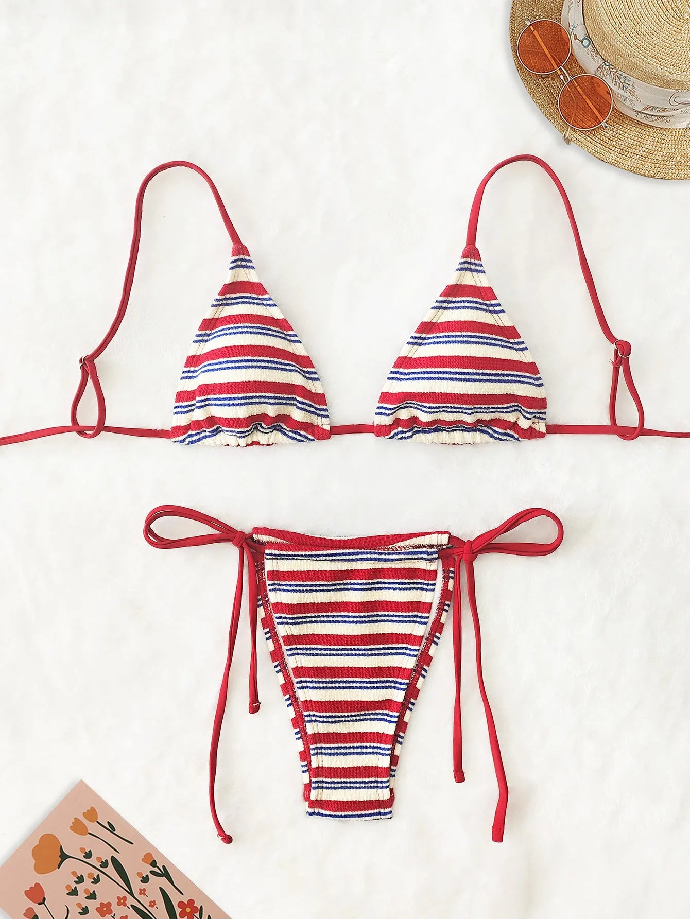 Red polyester two-piece bikini swimsuit set for women, sleeveless design, available in multiple sizes