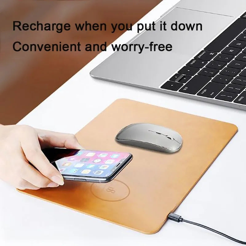 Brown leather-look mouse pad with integrated wireless fast charging area.