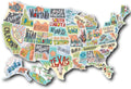 Travel-themed vinyl sticker set showing letter stickers and a world map design on white backing paper.