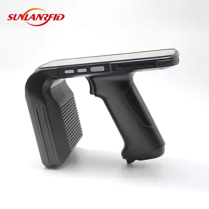 SLP-05 handheld Android UHF RFID reader scanner on a warehouse shelf