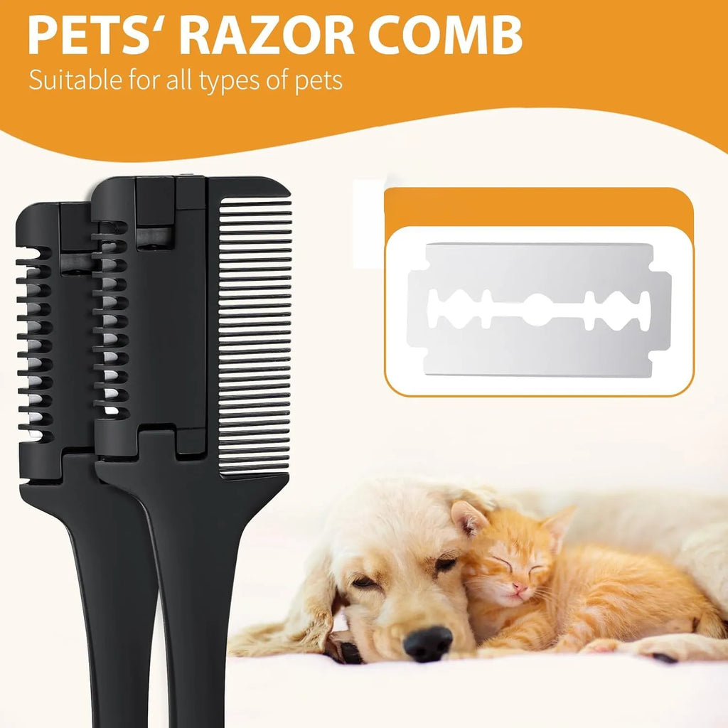 Razor comb for dogs and cats with integrated blade and replacement blades