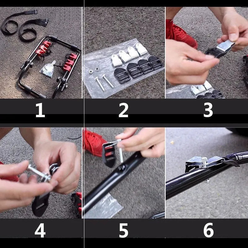 Black and red iron trunk mounted bike rack with protective sponge padding, shown with fastening straps.