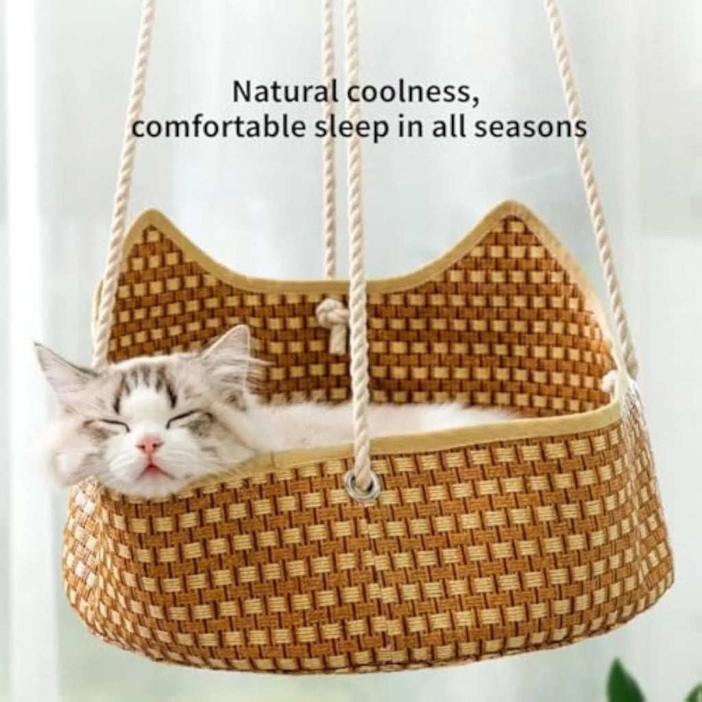 Green rattan cat hammock with bamboo frame and metal hooks, 40cm by 20cm pet bed