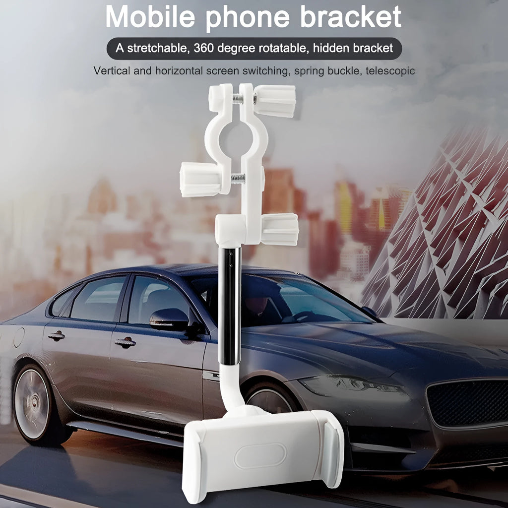 Black ABS car phone holder mounted on a rearview mirror showing 360-degree rotation mechanism