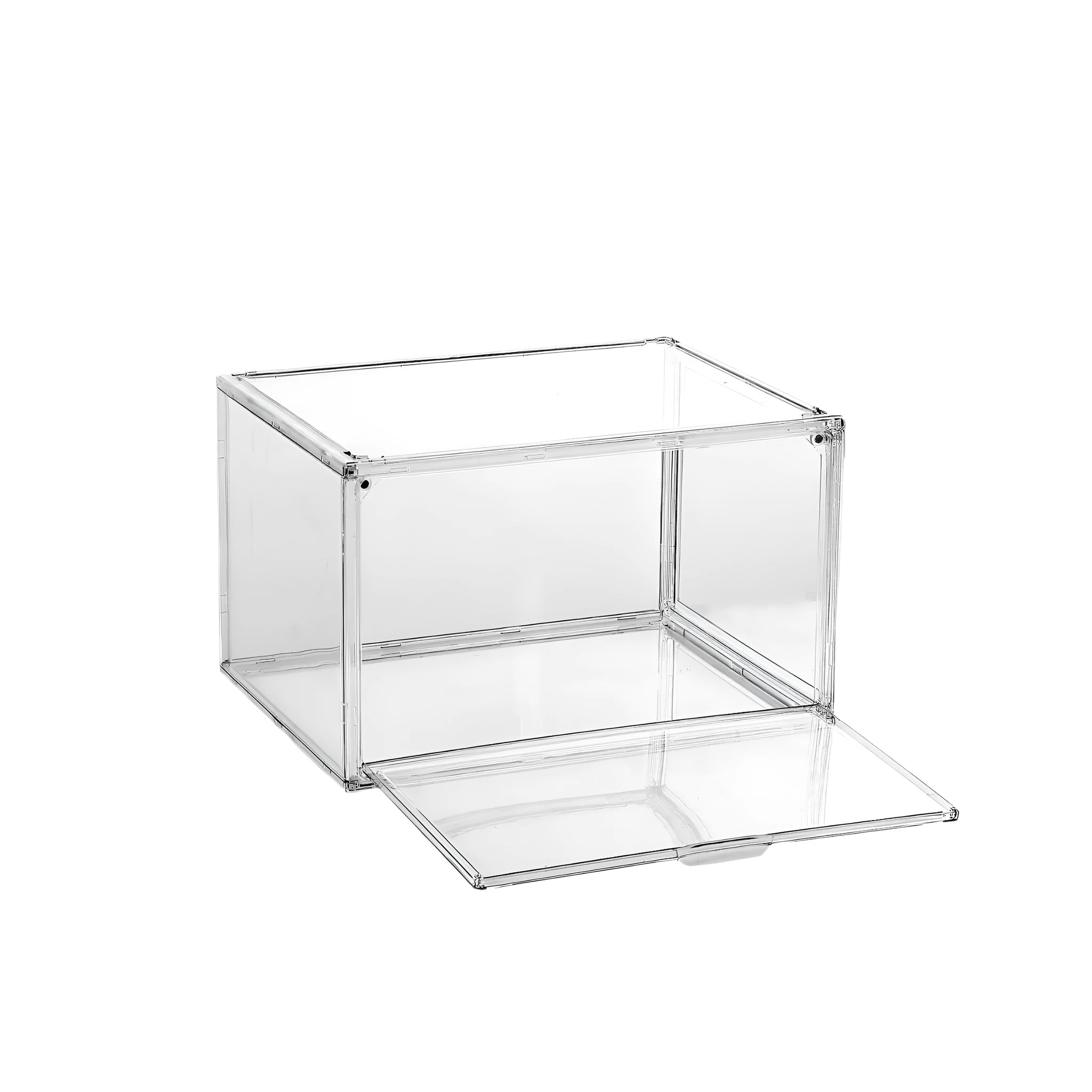 Clear acrylic shoe storage box with magnetic side door and lid