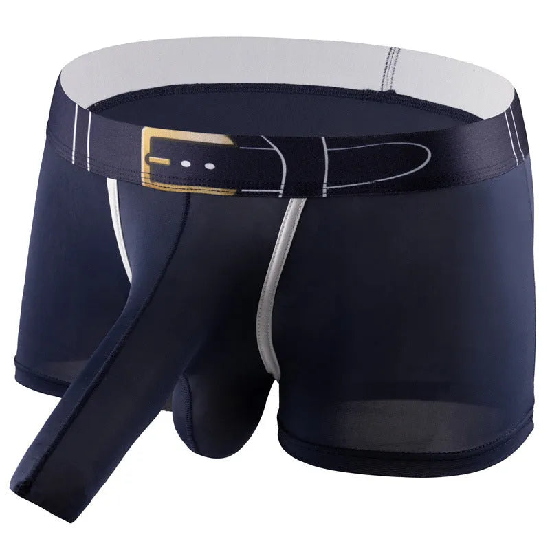 Men's solid colour ice silk boxer shorts on a mid-waist mannequin, showing grey, black, and blue colour options.
