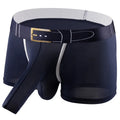 Men's solid colour ice silk boxer shorts on a mid-waist mannequin, showing grey, black, and blue colour options.