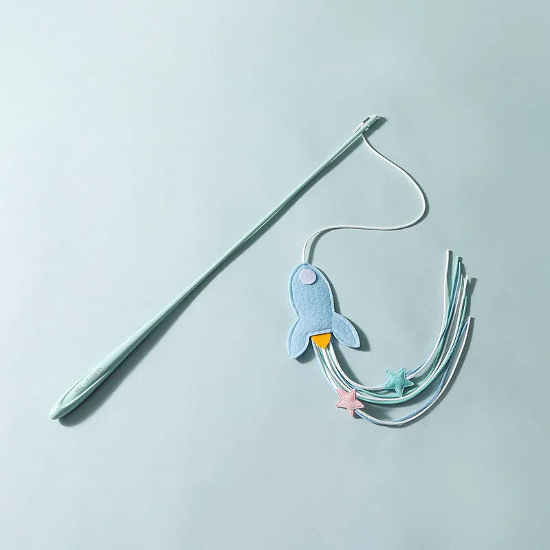 Blue cat teaser toy on a long pole with white feathers and an inflated ego component.