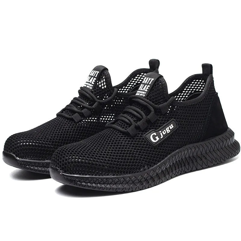 Men's black low-top safety work shoes with Flyknit upper and steel toe cap on a white background