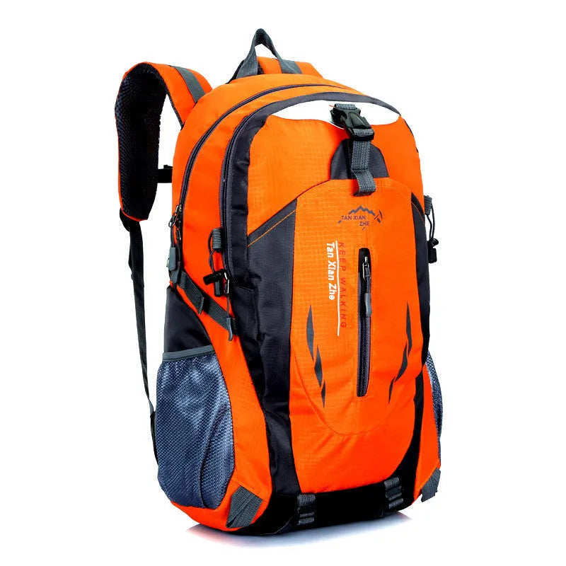 Large black waterproof Oxford cloth travel backpack showing laptop compartment and dual strap design