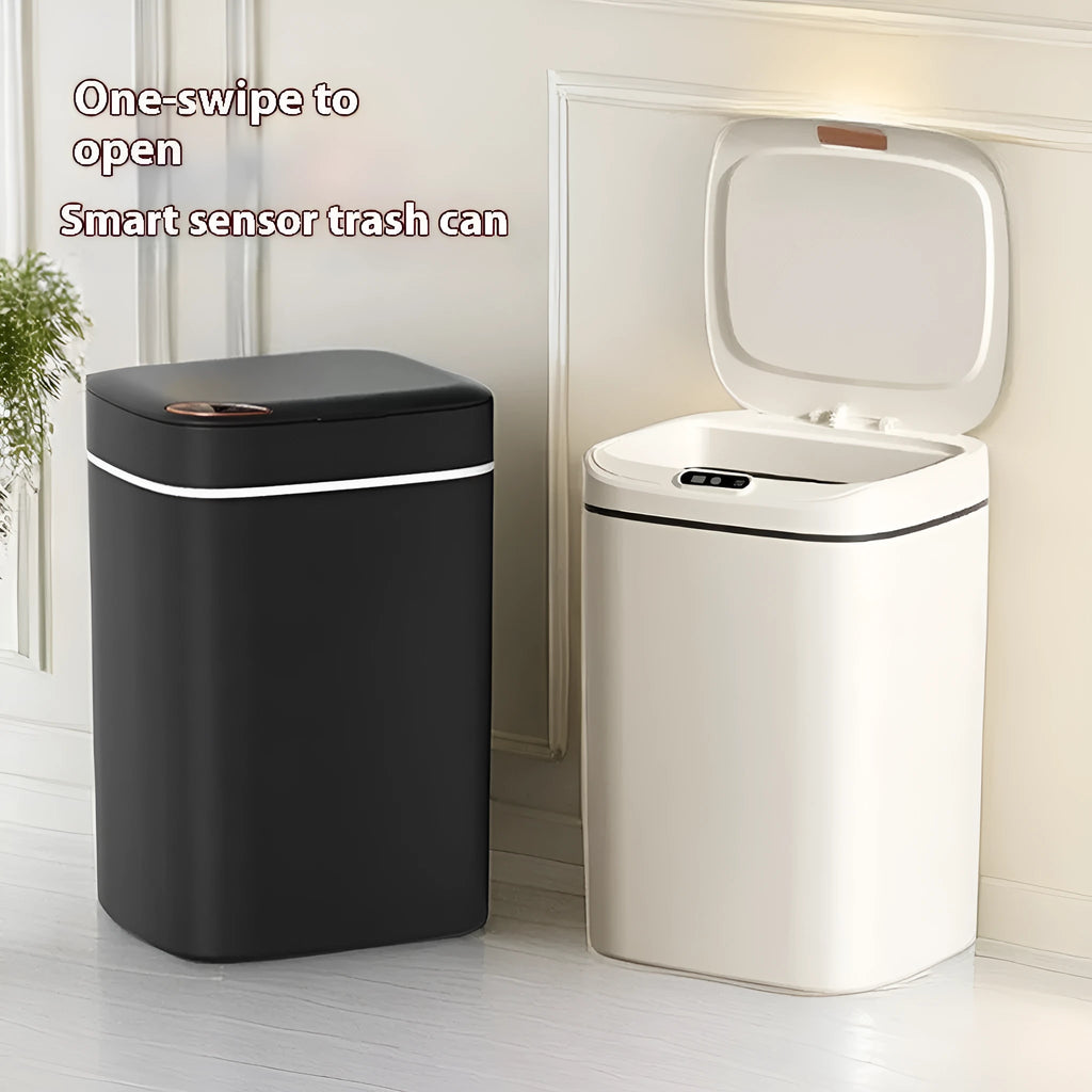 Square white automatic induction kitchen bin with sensor lid open, showing interior.