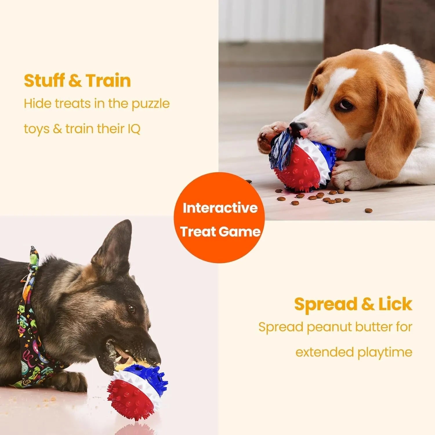Blue and red TPR rubber squeaky dog toy with treat dispenser hole and textured surface