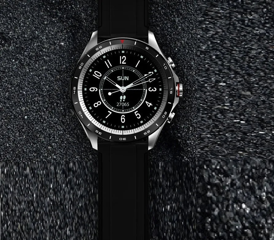 Men's black smart bracelet watch with zinc alloy screen and silicone wristband.