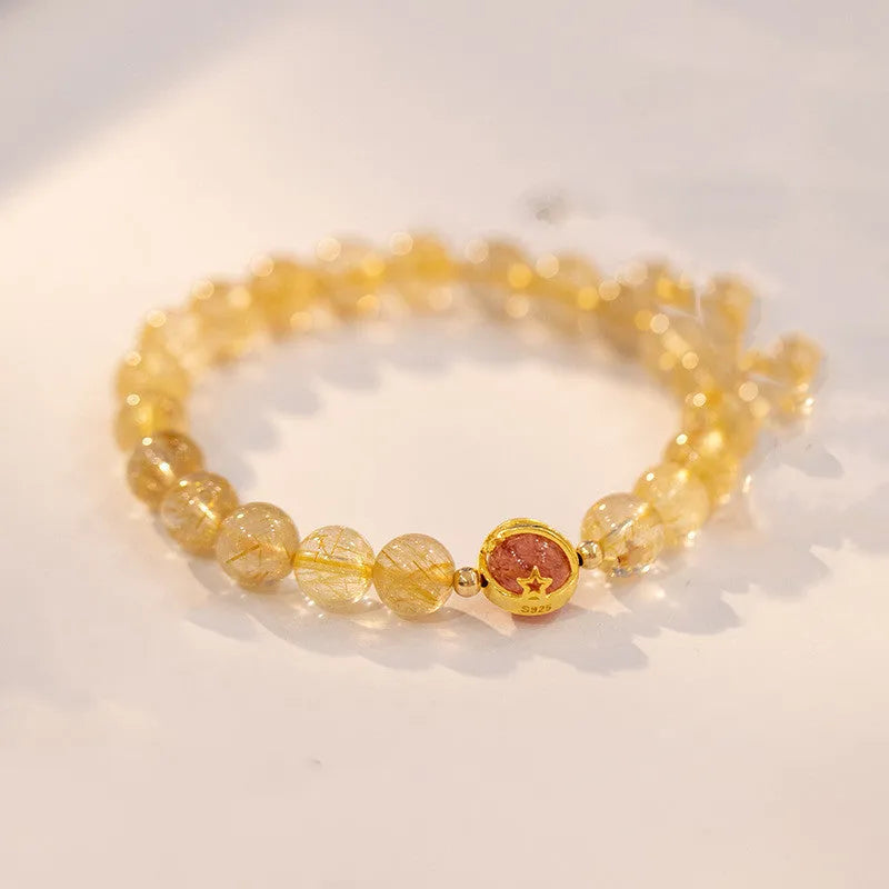 Citrine and gold rutilated quartz crystal bracelet with diamond-shaped beads in Korean style