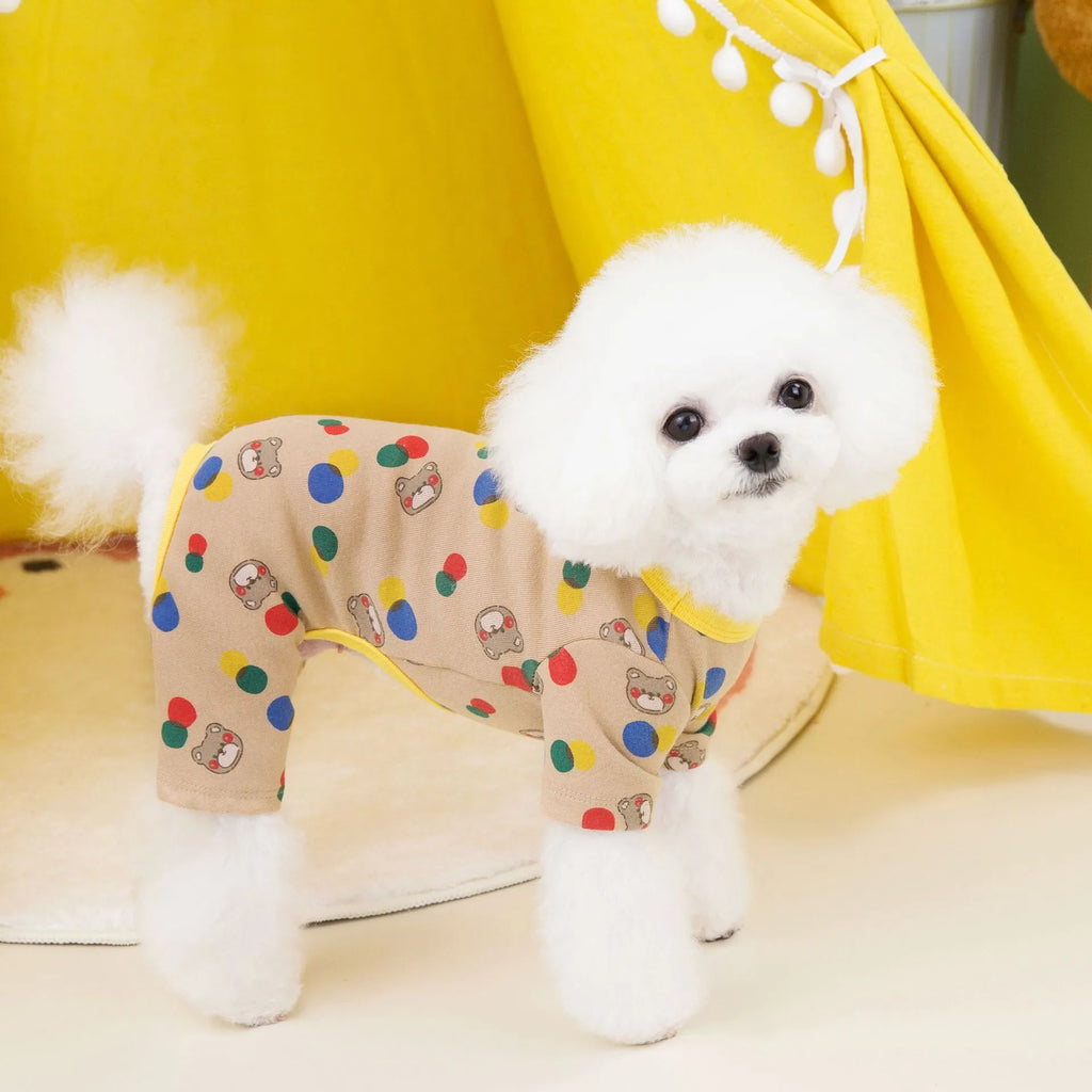 Dog wearing colourful ball bear costume in beige cotton spandex blend fabric