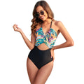 Women's leaf-print one-piece swimsuit in black, red, yellow, or green, sizes S to XXL