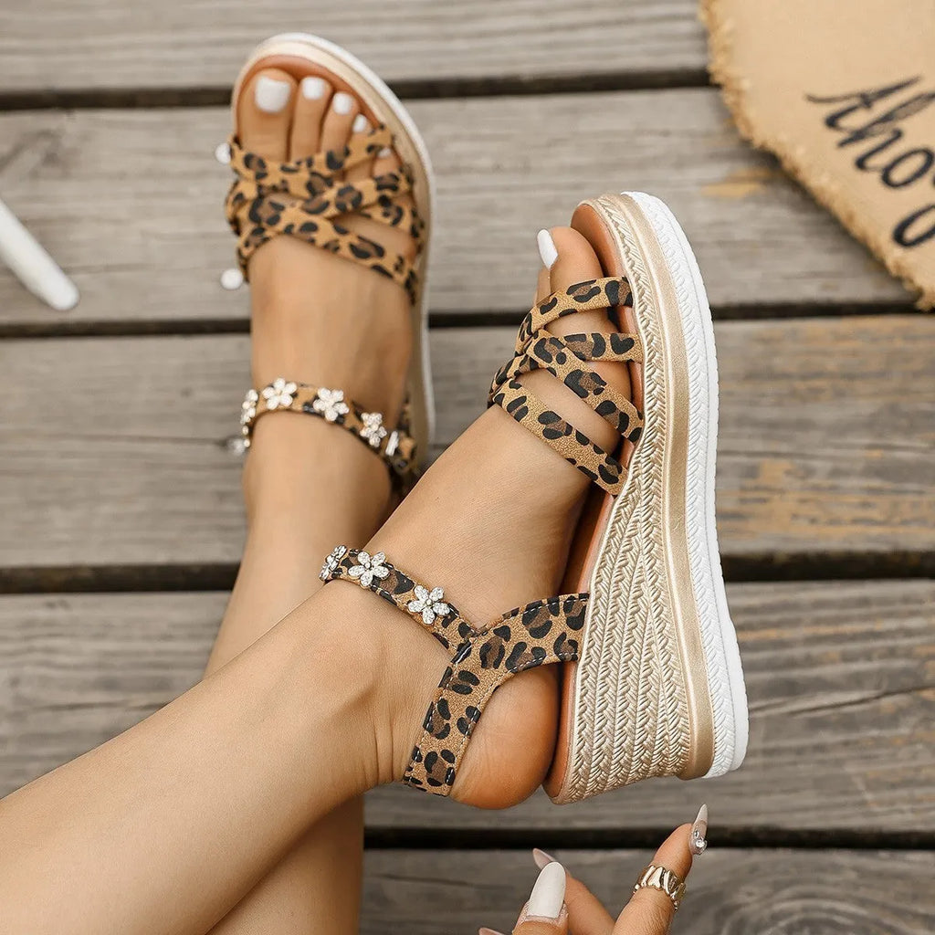 Light brown suede women's sandals with platform sole and ankle buckle, open toe with round holder