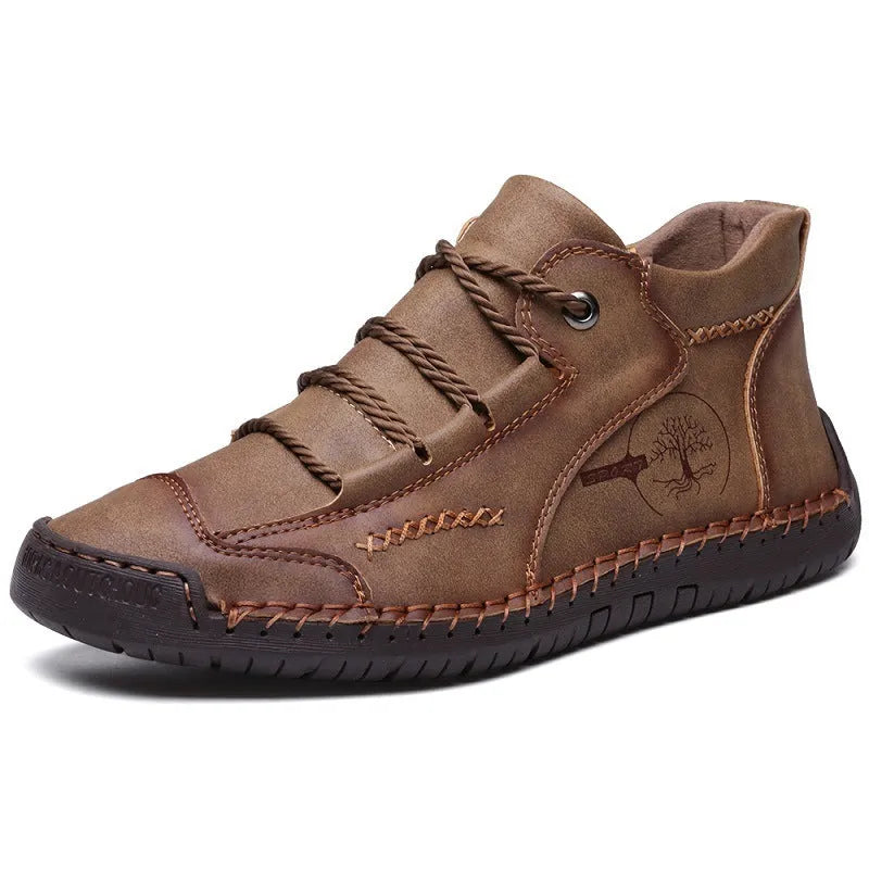Men's brown cowhide leather high-top boots with rubber sole and front laces on a white background.
