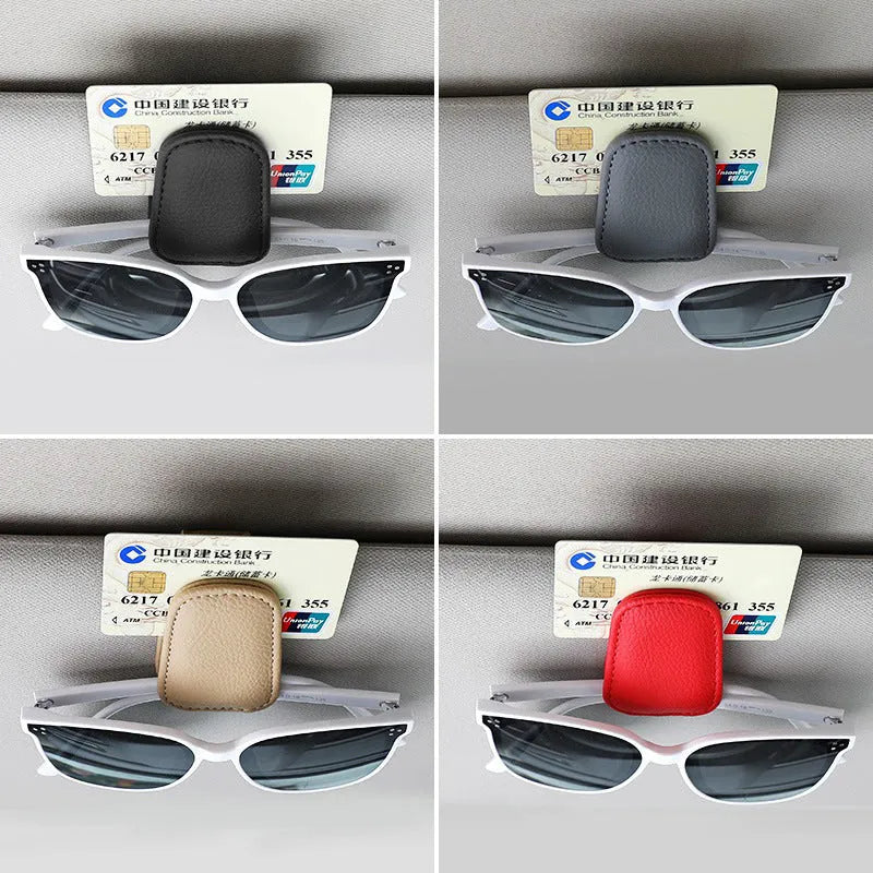 PU leather car sunglasses clip holder attached to a car sun visor