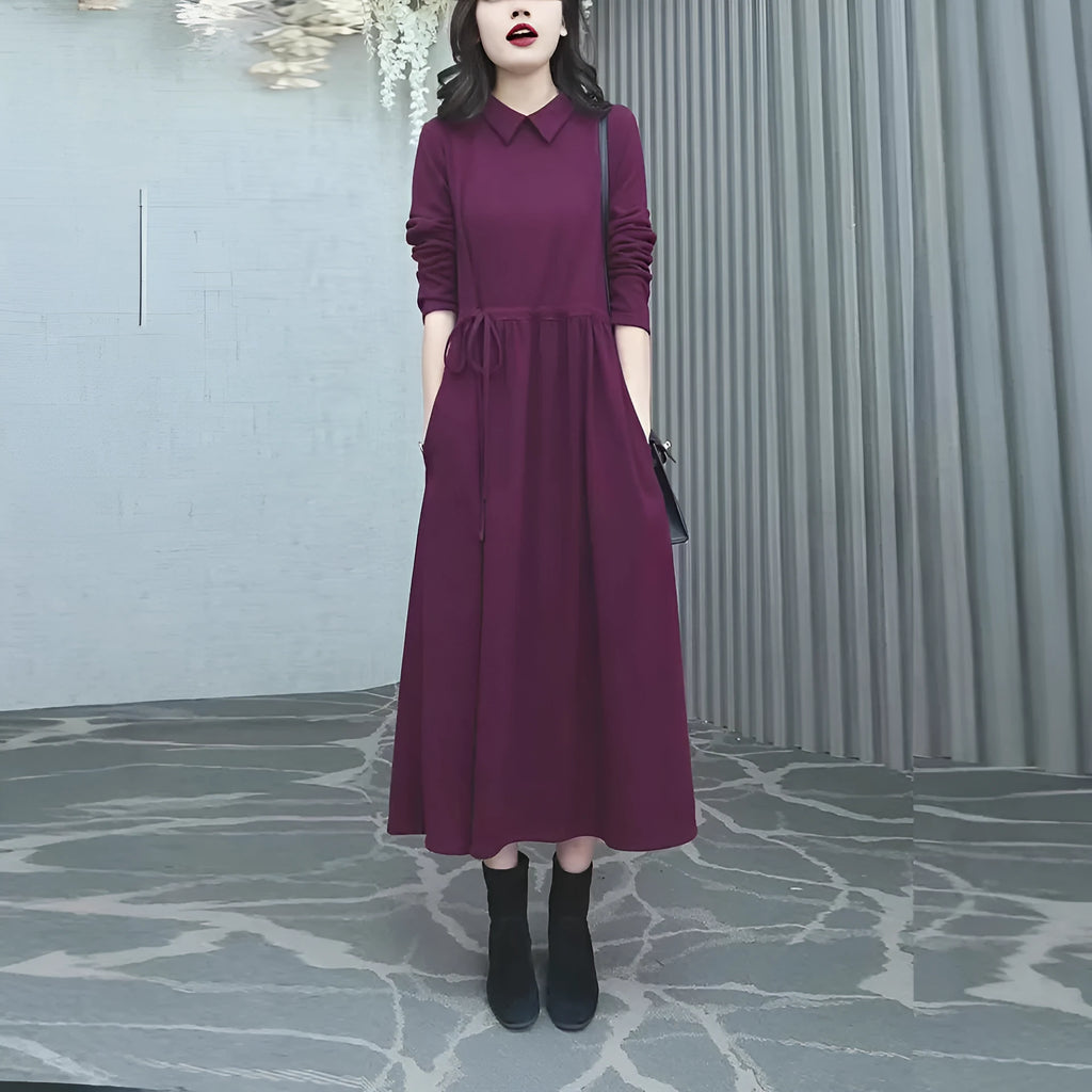 A purplish red plus size long dress with long sleeves for women in autumn and winter.