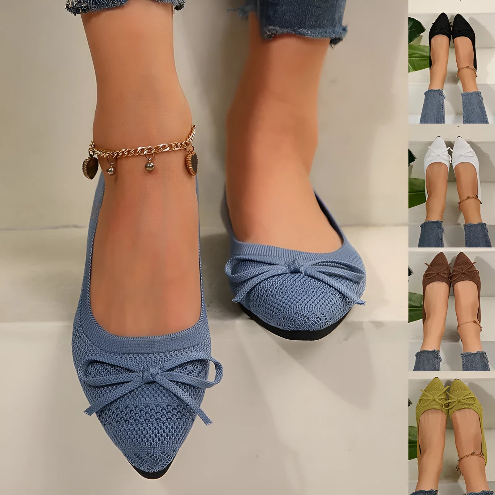 Women's knitted pointed-toe loafers with bow decoration in blue colour, flat heel design
