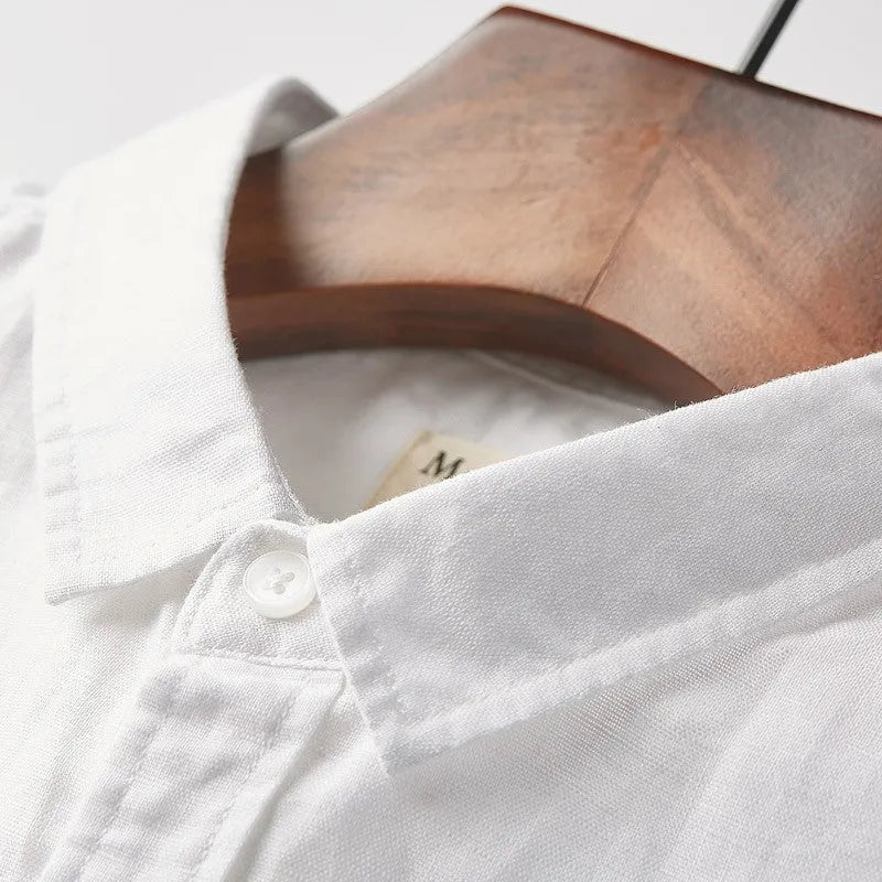 Men's casual square collar linen short sleeve shirt in loose cardigan style