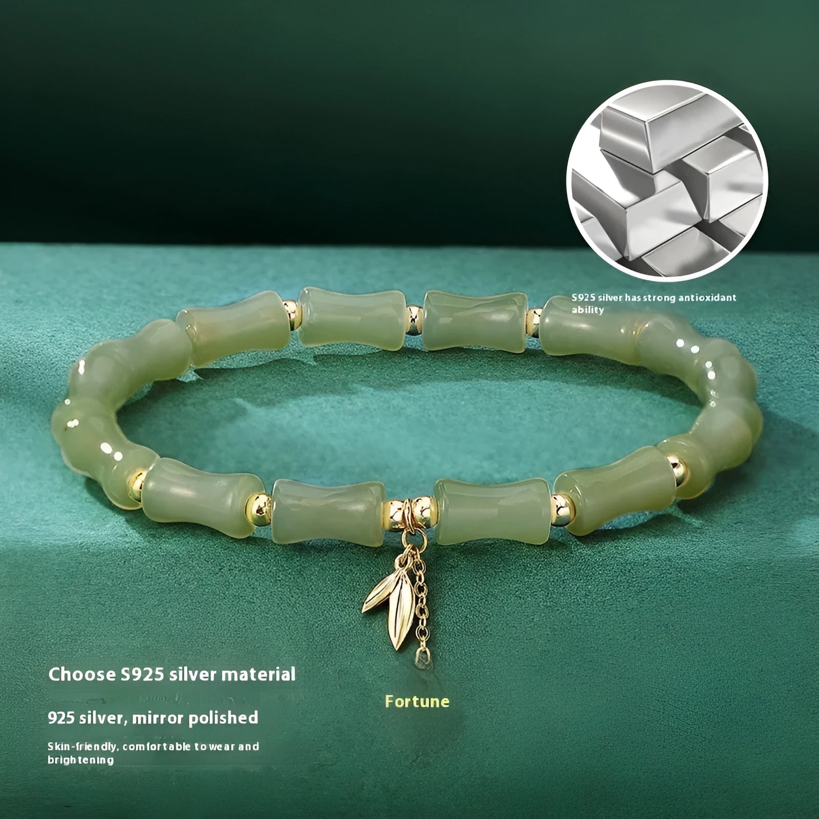 Green Chinese bamboo style jade bracelet and necklace set with traditional design