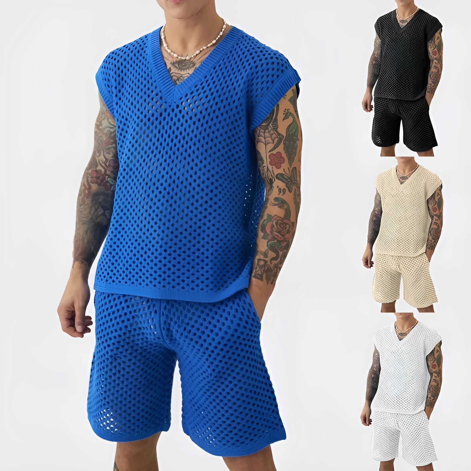 Men's blue V-neck vest and matching shorts sports suit set on hanger