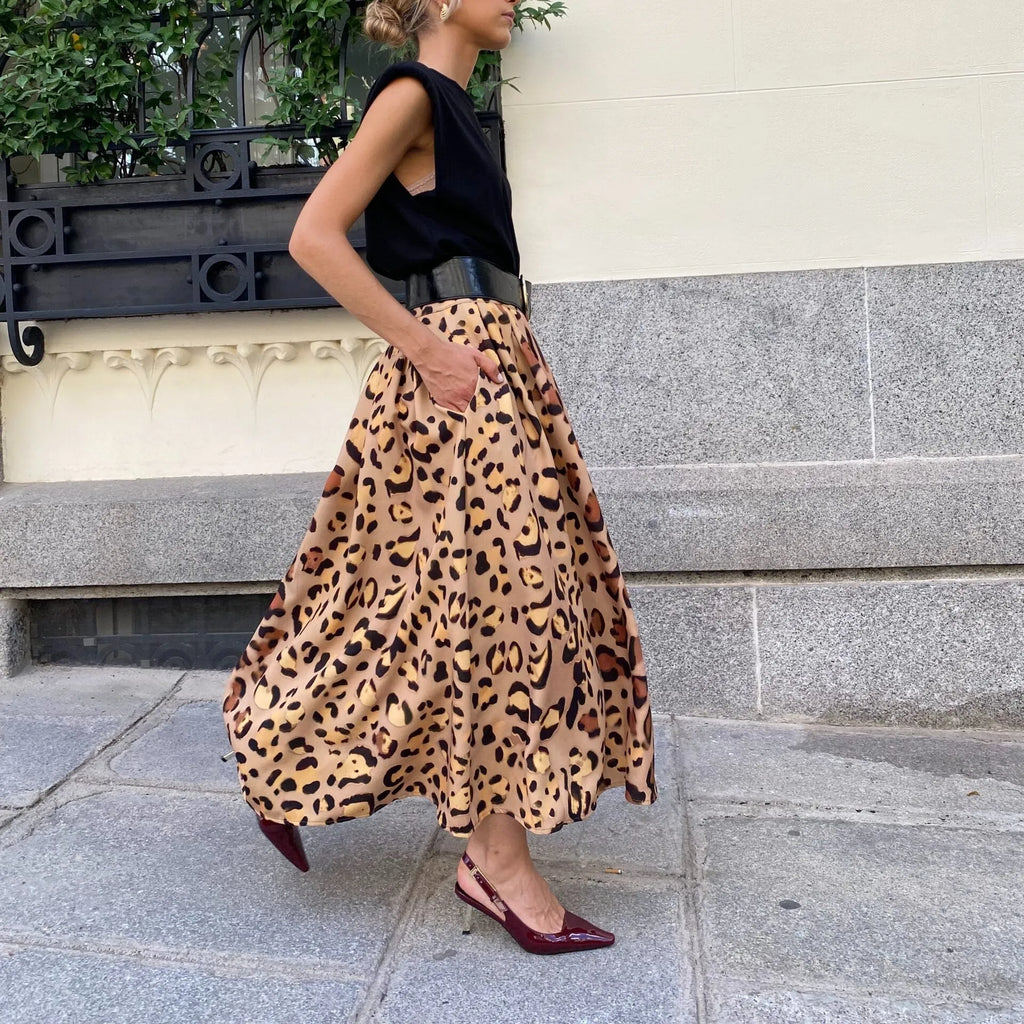 Brown leopard print women's A-line long skirt with big hem detail