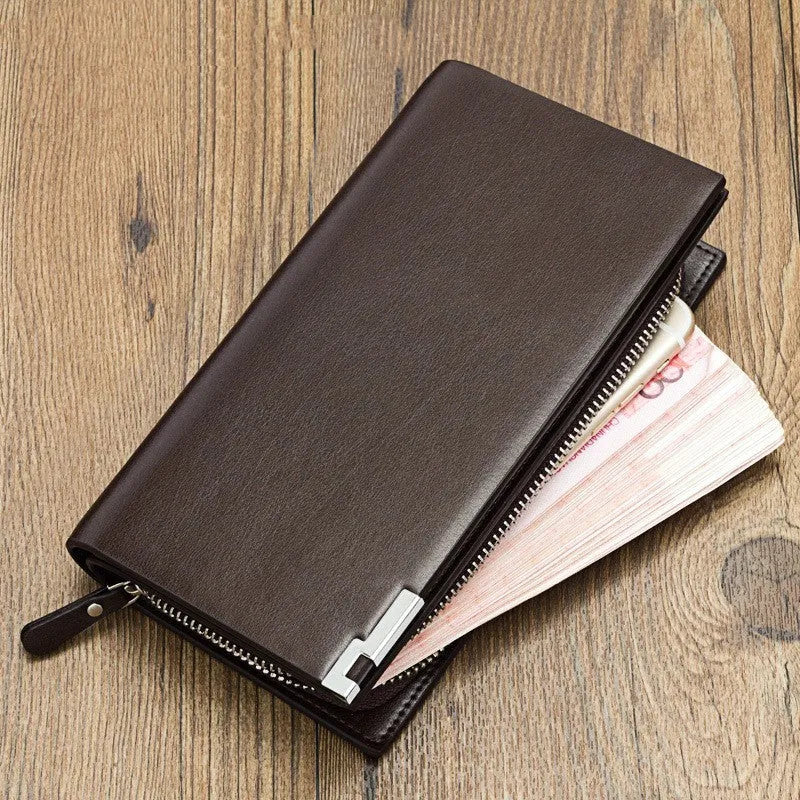Men's long black PU leather wallet with zipper closure showing seven card slots
