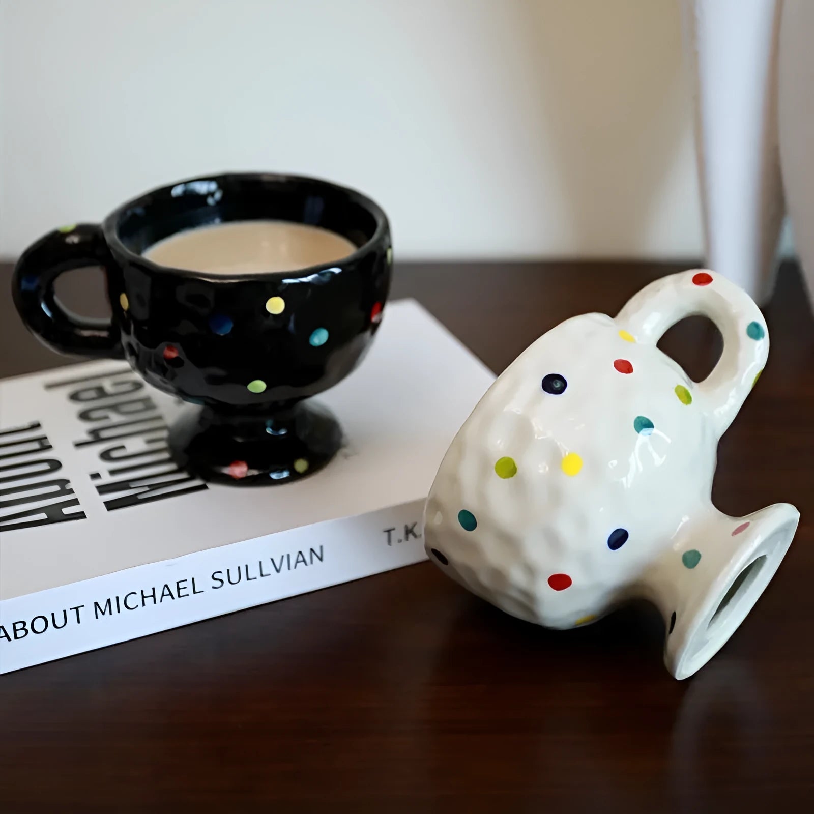 Irregular hand-pinched ceramic mug in solid colour with modern simple design, 14.5cm height
