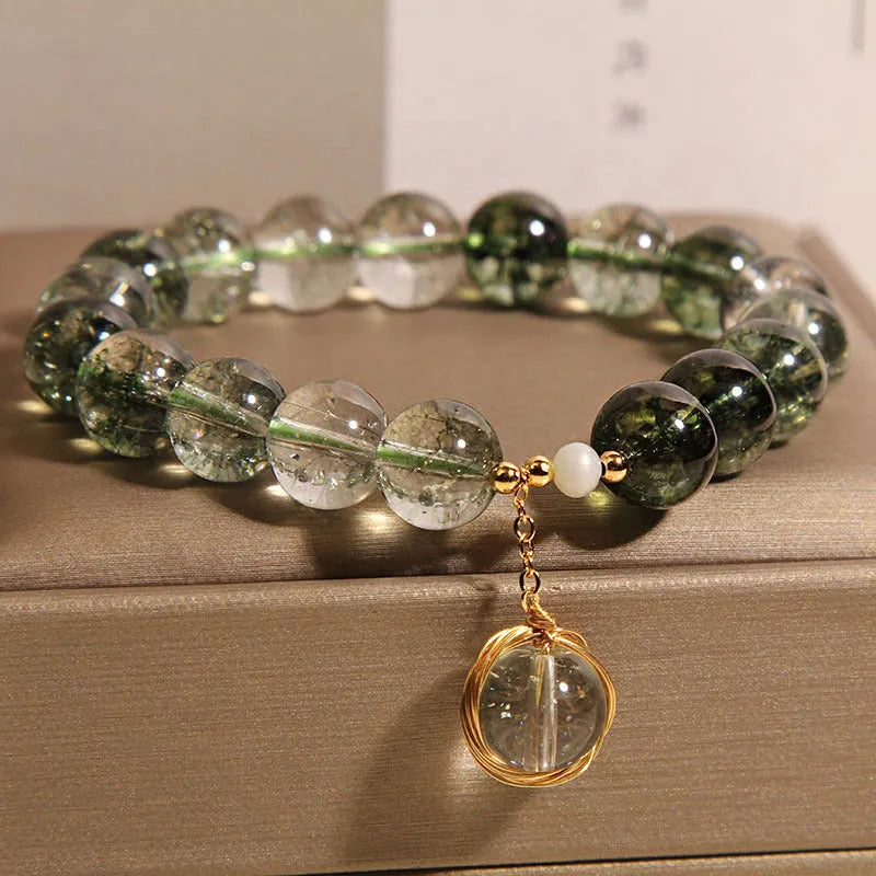 Green phantom quartz and crystal women's bracelet in Japanese Korean style.