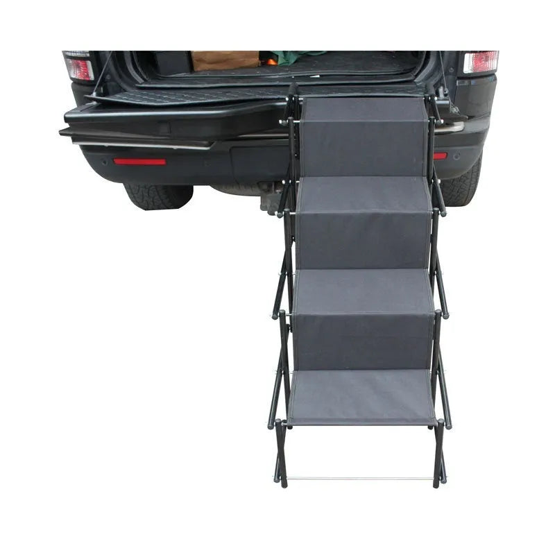 Stainless steel folding dog ladder in navy blue, unfolded showing four steps.