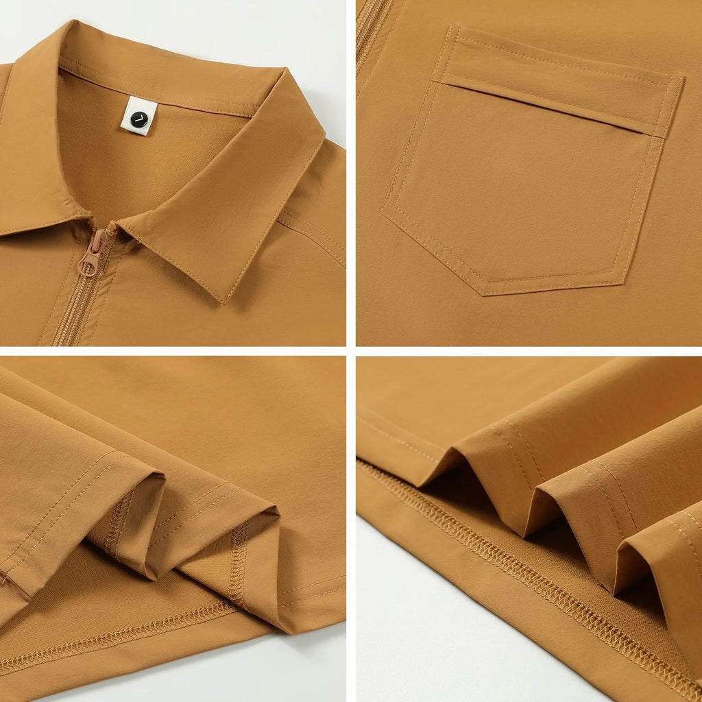 Nylon advertising shirt with chest zipper pockets and lapel tooling design in silver grey colour