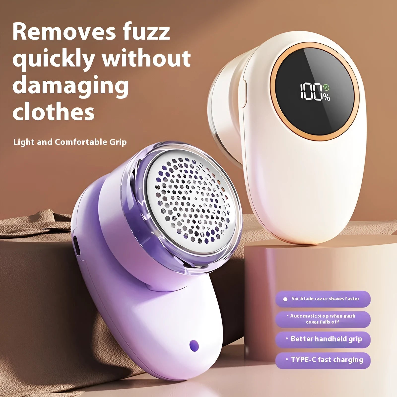 Digital fur ball trimmer with lint roller function in beige or purple colour with interchangeable cutter heads