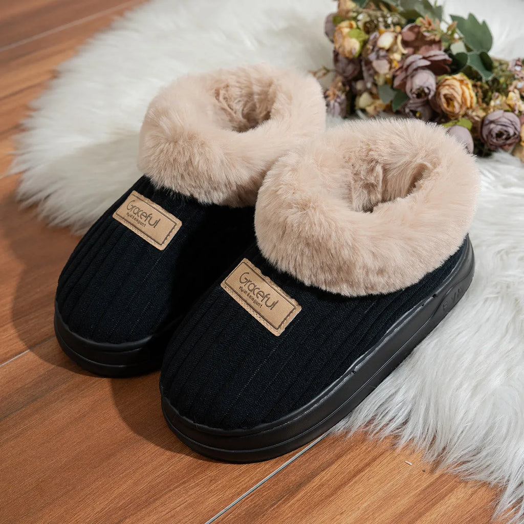 Unisex corduroy cotton round toe slippers in khaki colour, indoor footwear