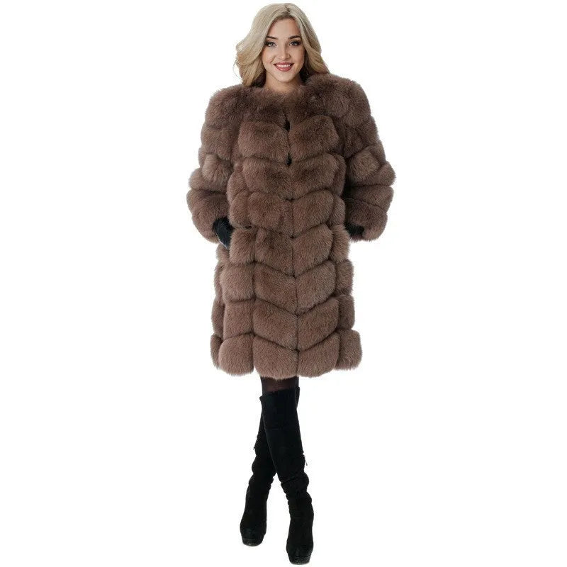 Women's long artificial fur coat in black, shown with regular sleeves and a length of 80cm.