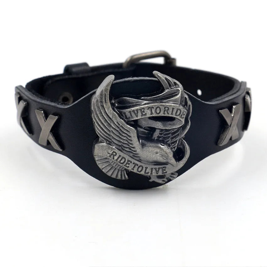 Black leather bracelet with eagle alloy watch-buttom clasp showing geometric shape